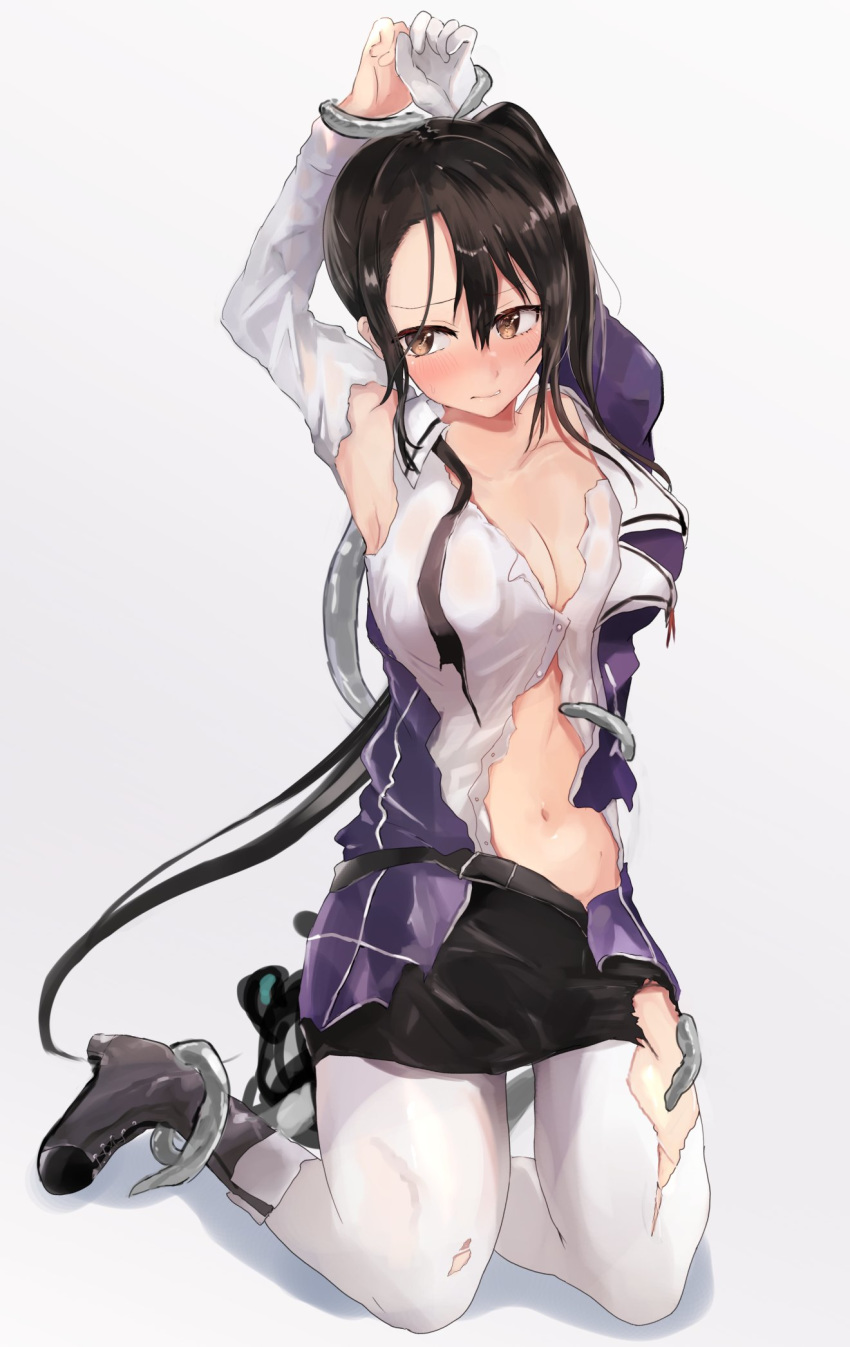1girl absurdly_long_hair arms_up black_hair black_skirt boots breasts brown_eyes cleavage commentary_request cross-laced_footwear enemy_naval_mine_(kantai_collection) gloves highres kantai_collection lace-up_boots long_hair medium_breasts miyako_(00727aomiyako) nachi_(kantai_collection) navel pantyhose pencil_skirt remodel_(kantai_collection) side_ponytail simple_background skirt solo tentacles torn_clothes very_long_hair white_background white_gloves white_legwear