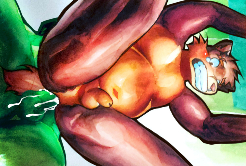 2020 anal anal_penetration anthro balls blush bodily_fluids brown_body brown_fur butt canid canine canis chubby_male devil_turtle_(artist) domestic_dog duo fur genitals green_body green_skin group hi_res housamo male male/male mammal moritaka penetration penis slightly_chubby tears tokyo_afterschool_summoners video_games
