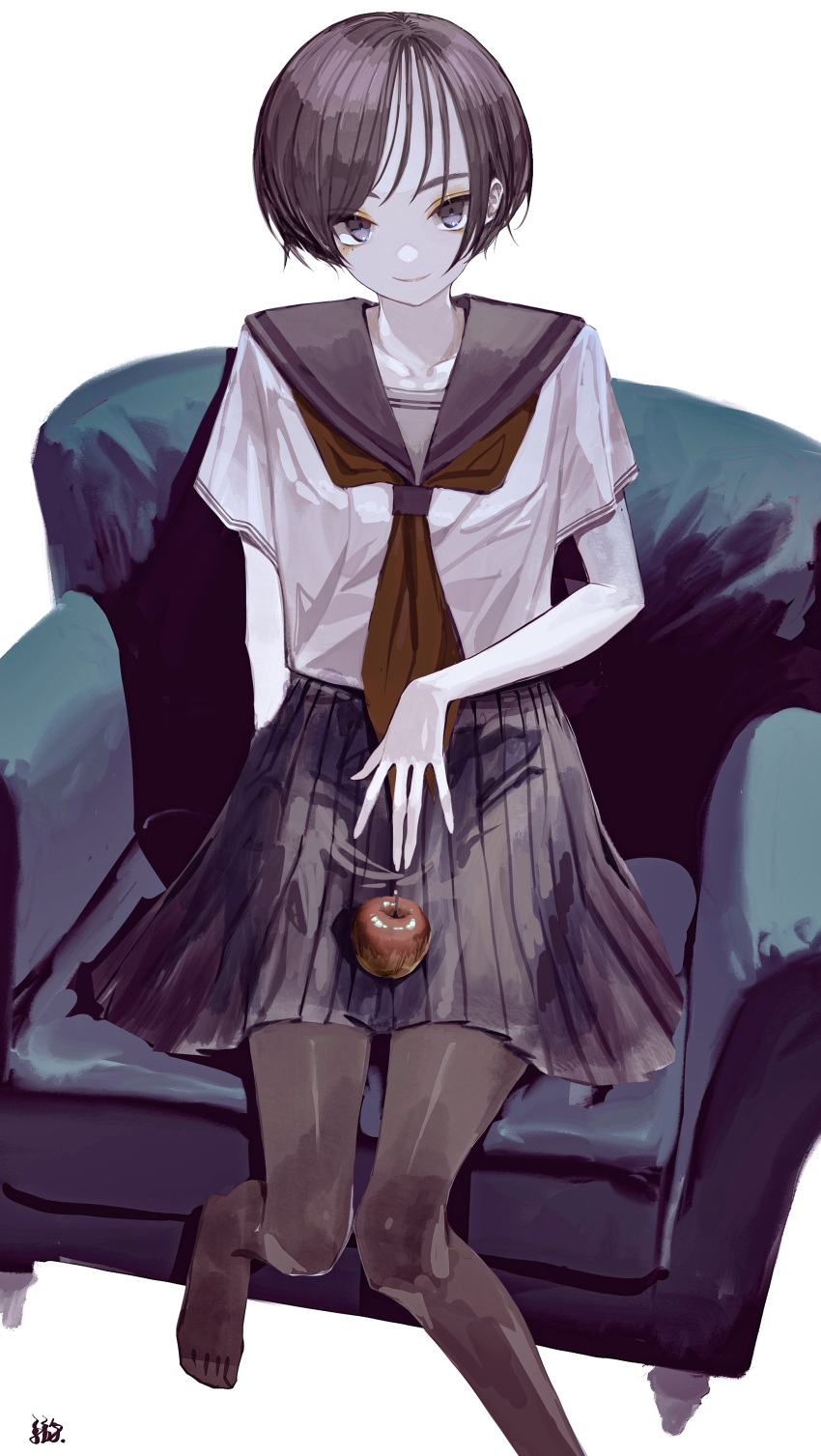 1girl absurdres afternooners apple armchair bangs black_hair black_legwear black_skirt blue_eyes chair collarbone food from_above fruit hand_on_own_thigh highres long_fingers looking_at_viewer neckerchief no_shoes original pantyhose pleated_skirt red_neckwear sailor_collar school_uniform serafuku shirt short_hair short_sleeves signature simple_background sitting skirt smile solo swept_bangs white_background white_shirt