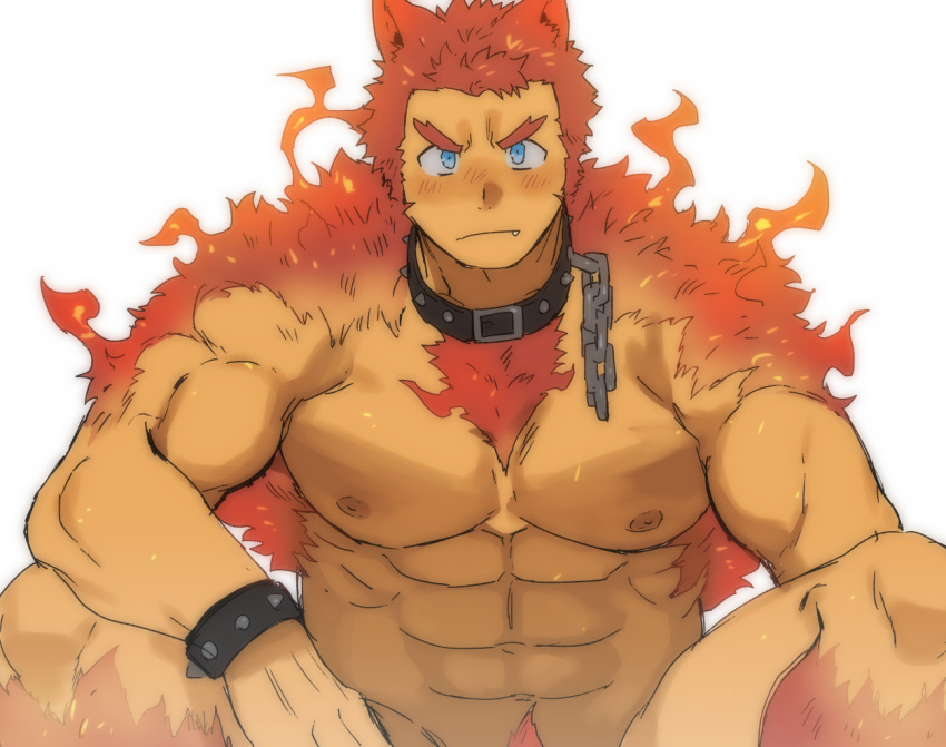1boy abs bara blue_eyes blush bracelet chest chest_hair collar dog_boy dog_collar fang feet_out_of_frame fire forked_eyebrows frown fur jewelry looking_at_viewer male_focus male_pubic_hair muscle navel nipples nude original pectorals pubic_hair short_hair solo st05254 thighs white_background