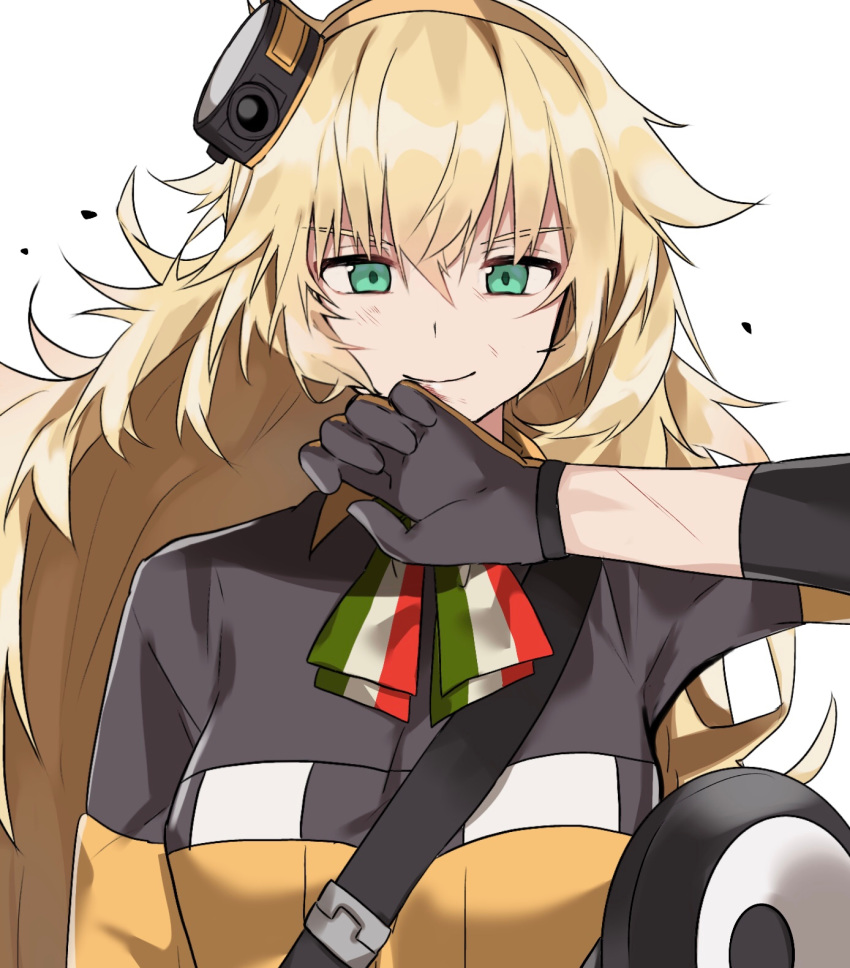 1girl aogisa black_gloves blonde_hair blush breasts closed_mouth eyebrows_visible_through_hair girls_frontline gloves green_eyes hair_ornament hand_in_mouth highres italian_flag_neckwear jacket long_hair looking_at_viewer multicolored multicolored_clothes multicolored_jacket neck_ribbon ribbon s.a.t.8_(girls_frontline) smile solo white_background