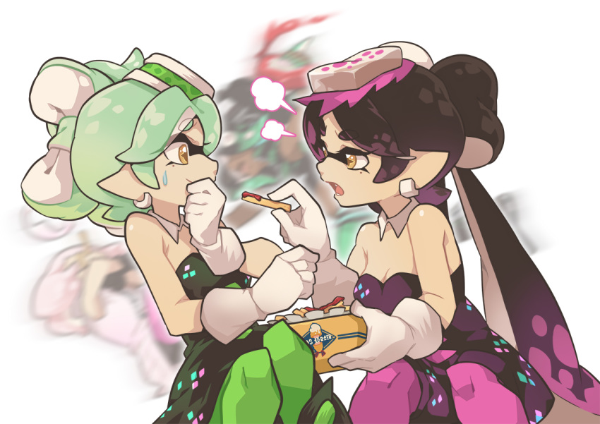 +_+ 4girls =3 aori_(splatoon) bangs black_dress black_hair black_jumpsuit blurry blurry_background brown_eyes closed_mouth collar commentary cousins detached_collar domino_mask dress earrings english_commentary feeding food food_on_head french_fries frown fume gloves gradient_hair green_hair green_legwear half-closed_eyes hime_(splatoon) holding holding_food hotaru_(splatoon) iida_(splatoon) jewelry ketchup leaning_back leaning_forward long_hair looking_at_another mask mole mole_under_eye multicolored_hair multiple_girls object_on_head open_mouth pantyhose pointy_ears purple_hair purple_legwear short_dress short_hair short_jumpsuit simple_background sitting smile splatoon_(series) splatoon_1 splatoon_2 standing strapless strapless_dress sushi sweatdrop swept_bangs tentacle_hair tied_hair very_long_hair white_background white_collar white_gloves wing_collar wong_ying_chee