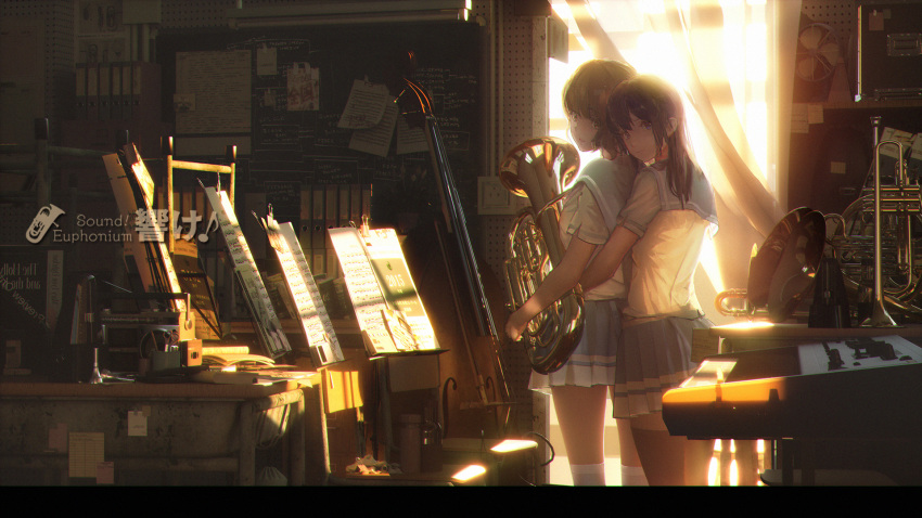 2girls bangs black_hair black_legwear breast_press brown_eyes brown_hair cello classroom euphonium hibike!_euphonium highres hug hug_from_behind instrument keyboard_(instrument) kitauji_high_school_uniform kousaka_reina long_hair long_sleeves looking_at_viewer miniskirt multiple_girls music_stand musical_note musical_note_print neckerchief oumae_kumiko purple_eyes school_uniform short_hair skirt sunlight trumpet uniform user_pkep7538 white_legwear window yuri