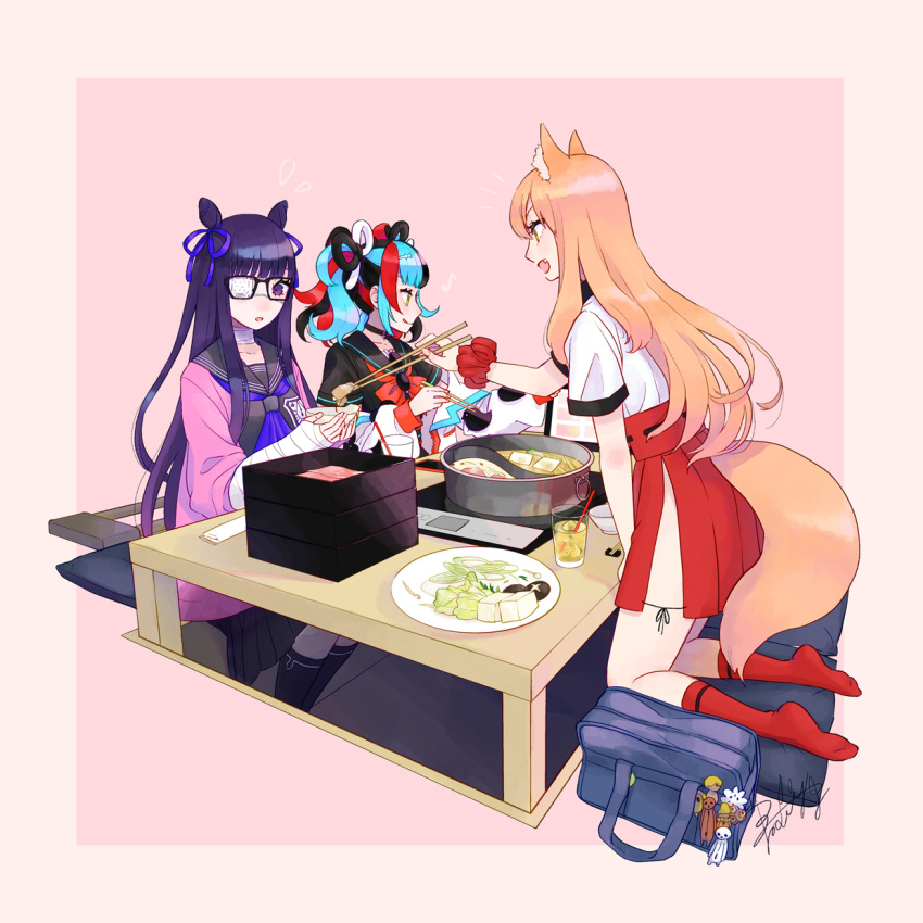 3girls 7meill animal_ear_fluff animal_ears bag bandage_over_one_eye bandaged_arm bandages black_hair blonde_hair blue_hair blue_neckwear chopsticks commentary_request cushion drinking_straw eating fate/grand_order fate_(series) fox_ears fox_girl fox_tail glass glasses highres jacket licking_lips long_hair looking_at_another multicolored_hair multiple_girls murasaki_shikibu_(fate) murasaki_shikibu_(swimsuit_rider)_(fate) nabe neck_ribbon neckerchief obentou open_clothes open_jacket pink_jacket plate pleated_skirt purple_eyes purple_hair red_footwear red_hair red_neckwear red_skirt ribbon school_bag school_uniform sei_shounagon_(fate) serafuku short_hair side_slit sitting skirt socks streaked_hair suzuka_gozen_(fate) table tail tongue tongue_out very_long_hair wooden_table yellow_eyes