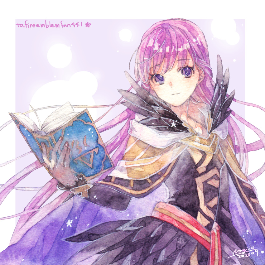 1girl belt black_dress black_feathers book border cape commission commissioner_upload decorations dress expressionless feathers fire_emblem fire_emblem:_the_binding_blade fire_emblem_heroes highres holding holding_book long_hair long_sleeves nagino open_book open_mouth purple_eyes purple_hair signature solo sophia_(fire_emblem) traditional_media very_long_hair watercolor_(medium)