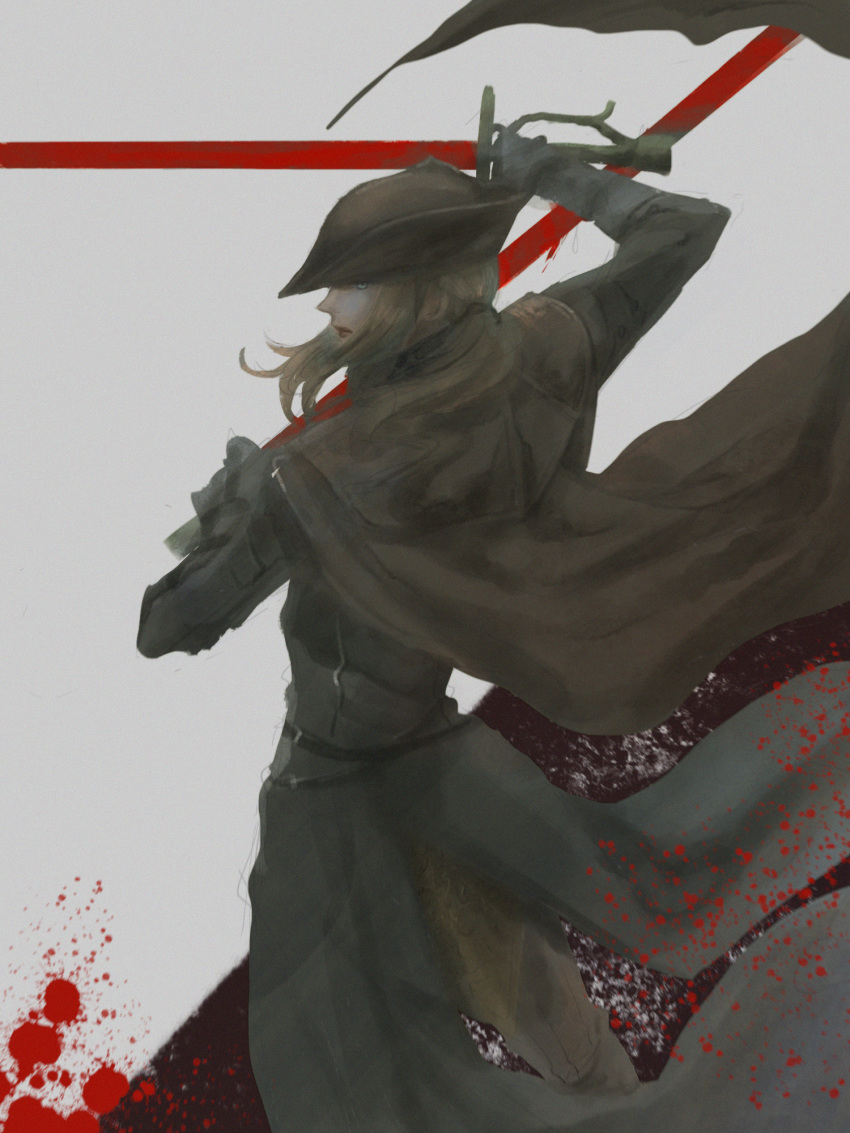 1girl blonde_hair blood blood_stain bloodborne cape green_eyes hat hat_feather highres itsuki_(itsukiovo) katana lady_maria_of_the_astral_clocktower looking_back ponytail sword the_old_hunters tricorne weapon