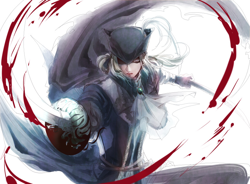 1girl belt blonde_hair blood bloodborne cape dual_wielding gem hat hat_ornament highres holding itsuki_(itsukiovo) katana lady_maria_of_the_astral_clocktower looking_at_viewer sword the_old_hunters tricorne weapon white_background white_eyes