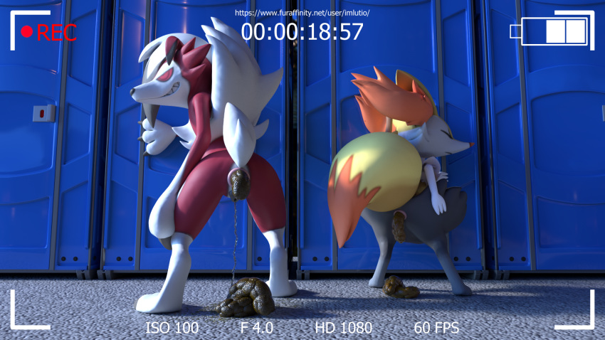 16:9 3d_(artwork) anus bodily_fluids braixen butt camera canid canine canis claws desperate desperation digital_media_(artwork) duo feces female feral fox fur genital_fluids genitals hi_res imlutio lycanroc mammal midnight_lycanroc nintendo outside peeing pok&eacute;mon pok&eacute;mon_(species) pooping portapotty pussy raised_tail scat smile story story_in_description text urine video_games watersports widescreen