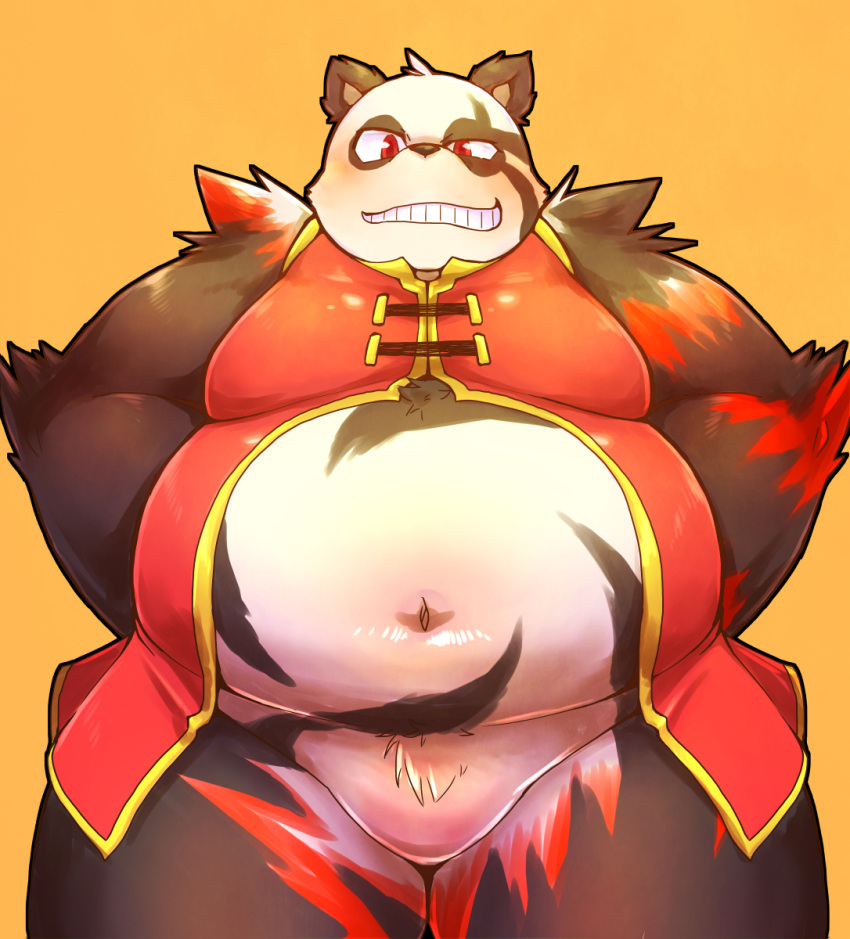 2015 anthro belly black_body black_fur blush chiro_(artist) clothed clothing fanfan fur giant_panda hi_res kemono male mammal navel overweight overweight_anthro overweight_male red_body red_fur solo ursid white_body white_fur