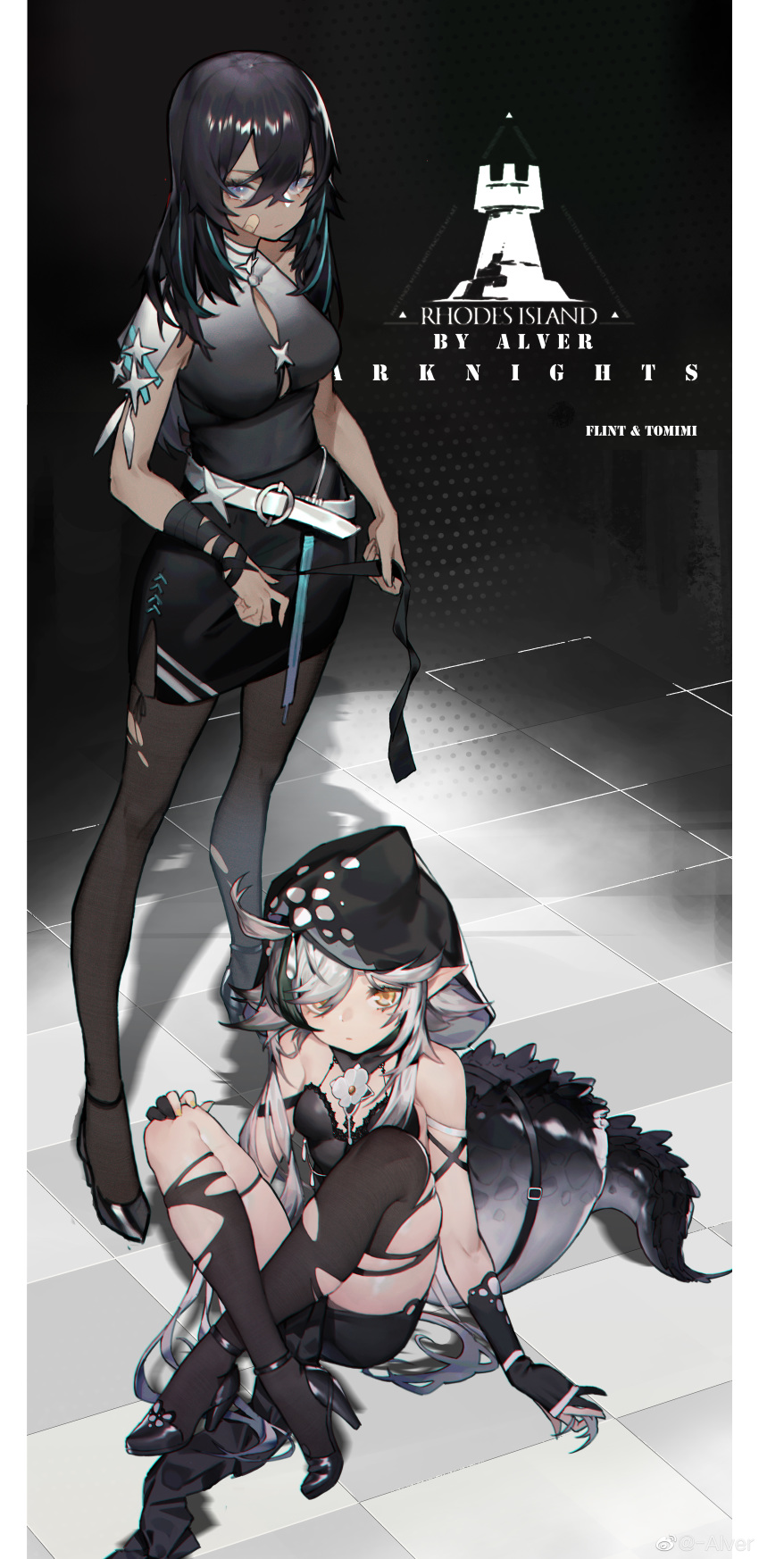 2girls absurdres ahoge alver arknights artist_name bandaid bandaid_on_face belt black_gloves black_hair black_legwear blue_eyes breasts character_name checkered checkered_floor crossed_ankles flint_(arknights) gloves hair_between_eyes high_heels highres hood hoodie huge_filesize letterboxed long_hair medium_breasts multiple_girls pantyhose partly_fingerless_gloves pointy_ears silver_hair sitting skirt small_breasts standing tail tomimi_(arknights) torn_clothes torn_legwear yellow_eyes