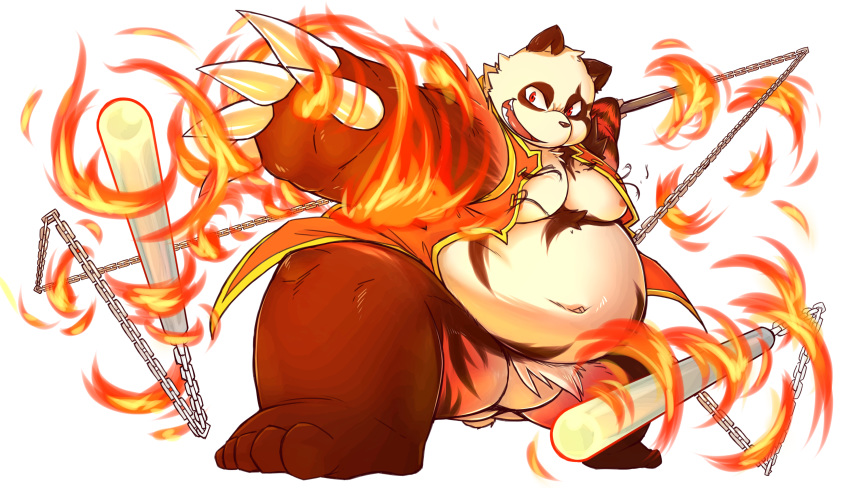 2017 absurd_res anthro black_body black_fur chiro_(artist) clothed clothing fanfan fire fur giant_panda hi_res kemono magic mammal overweight overweight_anthro red_body red_fur simple_background solo ursid weapon white_background white_body white_fur