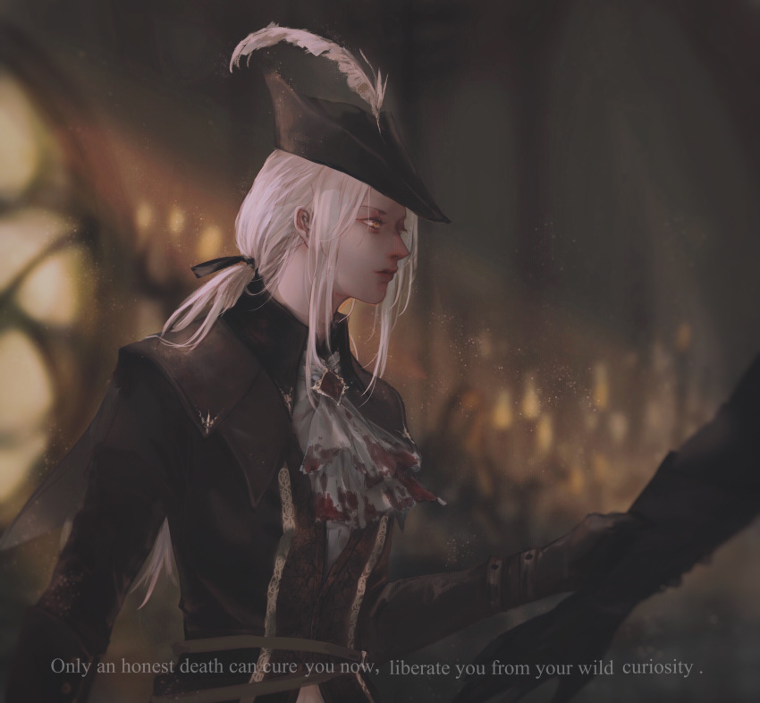 1girl absurdres blood blood_stain bloodborne blurry blurry_background cape elysion0618 gem gloves grabbing hat hat_feather highres lady_maria_of_the_astral_clocktower looking_at_another tricorne white_hair yellow_eyes