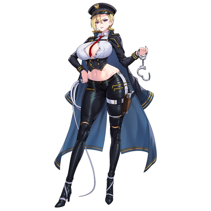 1girl between_breasts blonde_hair breasts cape choney cleavage cuffs full_body gun hair_between_eyes handcuffs handgun hat highres large_breasts last_origin looking_at_viewer midriff navel necktie necktie_between_breasts official_art pants pistol police police_hat police_uniform policewoman purple_eyes sadius_of_retribution short_hair smile solo tachi-e tight tight_pants transparent_background uniform weapon whip