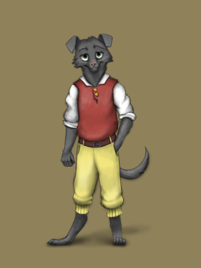 anthro black_body black_fur canid canine canis clothing domestic_dog full-length_portrait fur green_eyes hand_in_pocket head_tilt hi_res looking_at_viewer male mammal pink_nose pockets portrait simple_background smiling_at_viewer solo standing zerohours