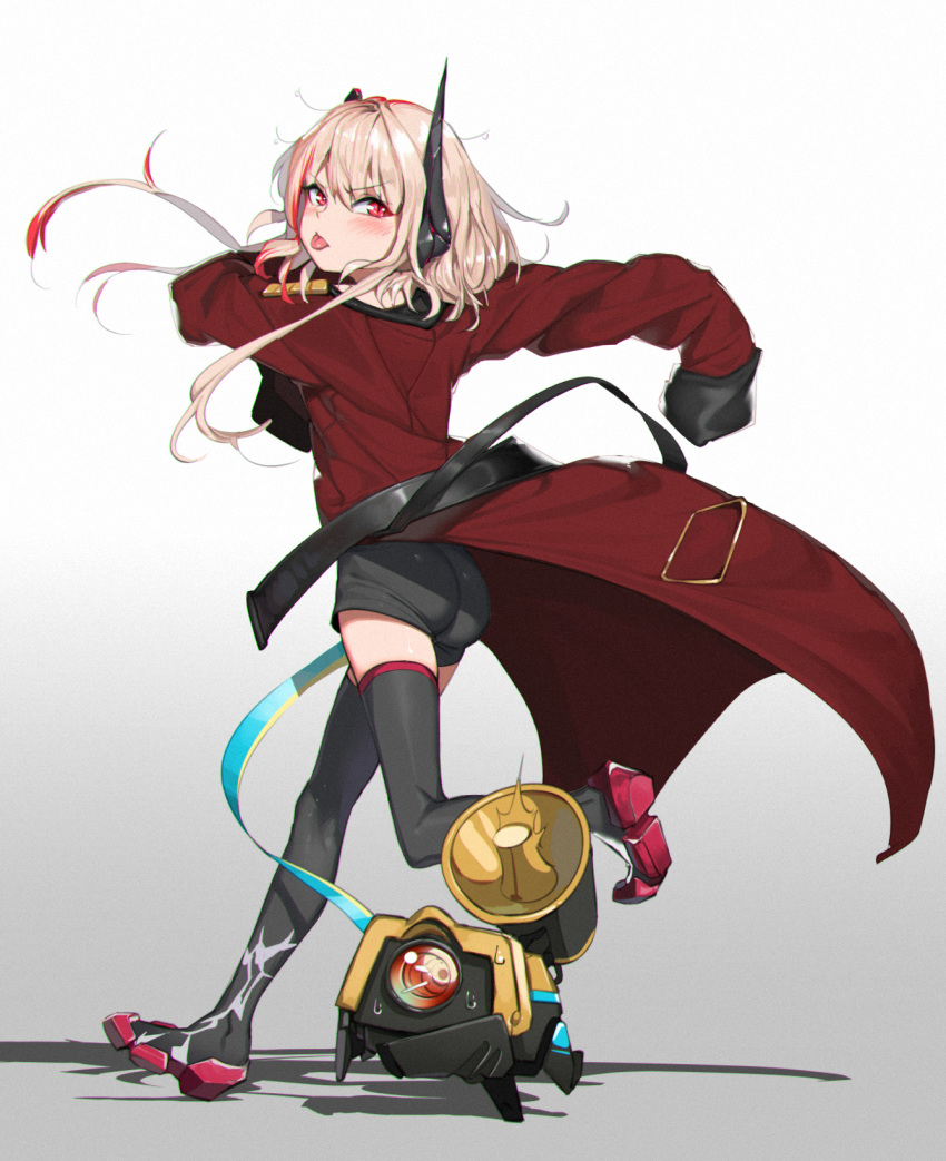 1girl ass bangs black_footwear black_legwear black_shorts blonde_hair blush boots bottomless coat girls_frontline green_footwear grey_background headgear highres long_sleeves m4_sopmod_ii_(girls_frontline) megaphone messy_hair multicolored_hair ngs oversized_clothes pink_hair red_coat red_eyes red_hair ro635_(dinergate) running sandals sd_bigpie shadow short_hair_with_long_locks short_shorts shorts simple_background sleeves_past_fingers sleeves_past_wrists streaked_hair sweat thigh_boots thighhighs tongue tongue_out