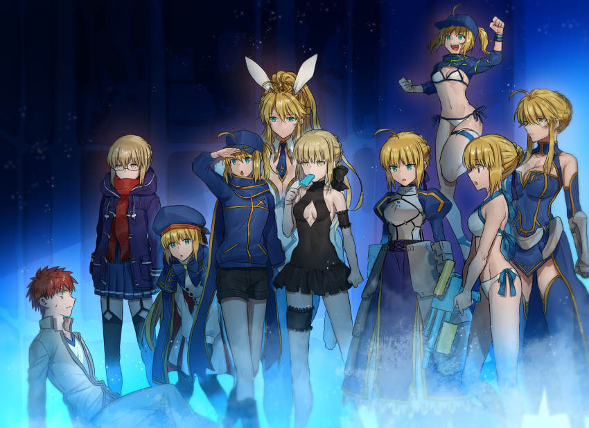 1boy 6+girls ahoge animal_ears are_you_my_master armor armored_dress artoria_pendragon_(all) artoria_pendragon_(caster) artoria_pendragon_(lancer) artoria_pendragon_(swimsuit_archer) artoria_pendragon_(swimsuit_rider_alter) artoria_pendragon_(swimsuit_ruler)_(fate) bangs bare_back bare_shoulders baseball_cap belt bikini black-framed_eyewear black_bow black_headwear black_jacket black_legwear black_shorts black_swimsuit blonde_hair blue_belt blue_cape blue_capelet blue_gloves blue_headwear blue_jacket blue_legwear blue_leotard blue_neckwear blue_scarf blue_serafuku bow bowtie braid breasts bunny_ears bunnysuit cape capelet casino_card_table cleavage cleavage_cutout coat detached_collar duffel_coat emiya_shirou eyebrows_visible_through_hair fate/grand_order fate/stay_night fate_(series) feather_boa fishnet_legwear fishnets french_braid fringe_trim glasses gloves green_eyes hair_between_eyes hair_ribbon hair_through_headwear hat highleg highleg_leotard highres holding holding_staff homurahara_academy_uniform hooded_coat jacket large_breasts leotard long_hair low_ponytail medium_breasts multicolored multicolored_cape multicolored_capelet multicolored_clothes multiple_girls mysterious_heroine_x mysterious_heroine_x_(alter) mysterious_heroine_xx_(foreigner) navel_cutout none_(kameko227) o-ring_belt open_clothes open_coat open_track_jacket orange_hair over-kneehighs plaid plaid_scarf poker_chip poker_table ponytail prydwen red_scarf ribbon saber santa_hat scarf semi-rimless_eyewear short_hair shorts shrug_(clothing) sidelocks staff striped_belt swept_bangs swimsuit thighhighs thighlet tiara track_jacket twinmyniad under-rim_eyewear water_gun white_bikini white_leotard wrist_cuffs yellow_eyes