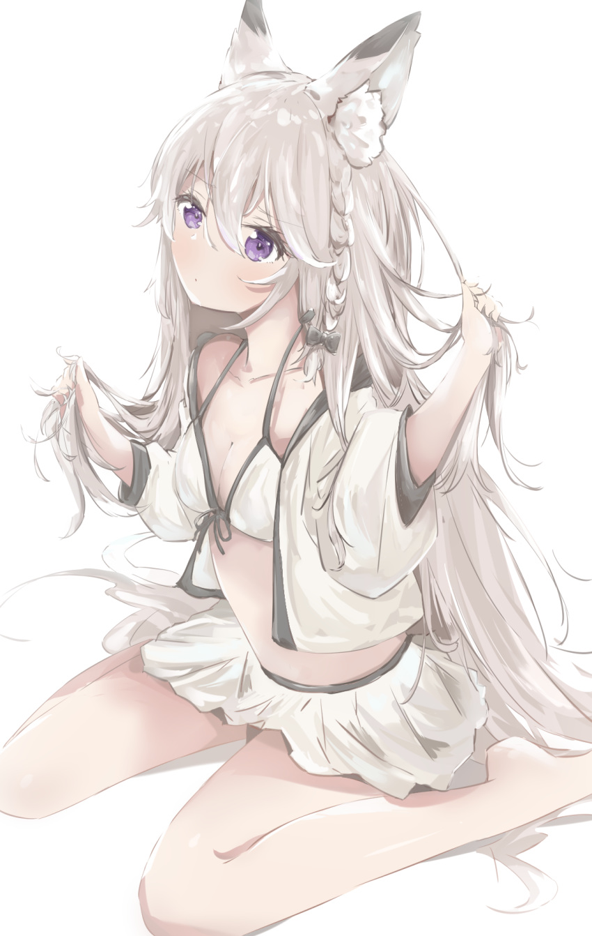 1girl animal_ear_fluff animal_ears bare_legs barefoot bikini braid breasts collarbone fox_ears front-tie_bikini front-tie_top halterneck highres holding holding_hair jacket jerry3912 long_hair long_sleeves looking_at_viewer miniskirt open_clothes open_jacket original purple_eyes silver_hair simple_background sitting skirt small_breasts solo string_bikini swimsuit very_long_hair wariza white_background white_bikini white_jacket white_skirt