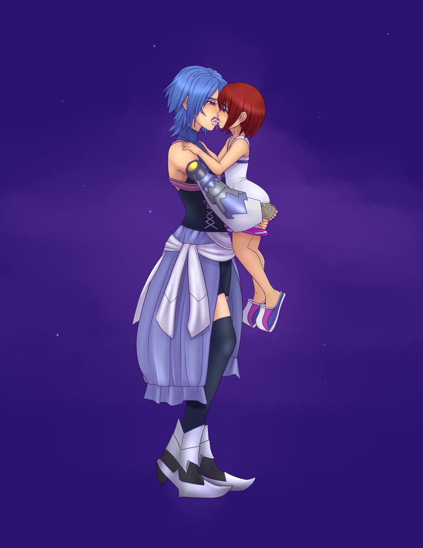 2girls absurdres age_difference aqua_(kingdom_hearts) blue_eyes blue_hair blush child commission commissioner_upload dress french_kiss highres kairi_(kingdom_hearts) kingdom_hearts kingdom_hearts_birth_by_sleep kiss lifting lifting_person m-a-v-e-r-i-c-k multiple_girls red_hair saliva short_hair tongue tongue_out yuri