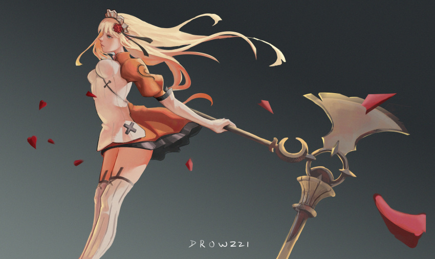 1girl absurdres artist_name axe blonde_hair blue_eyes breasts character_request drowzzi elbow_gloves flower from_side gloves grey_background hair_flower hair_ornament highres juliet_sleeves long_hair long_sleeves mahou_arms medium_breasts petals puffy_sleeves rose rose_petals solo thighhighs thighs