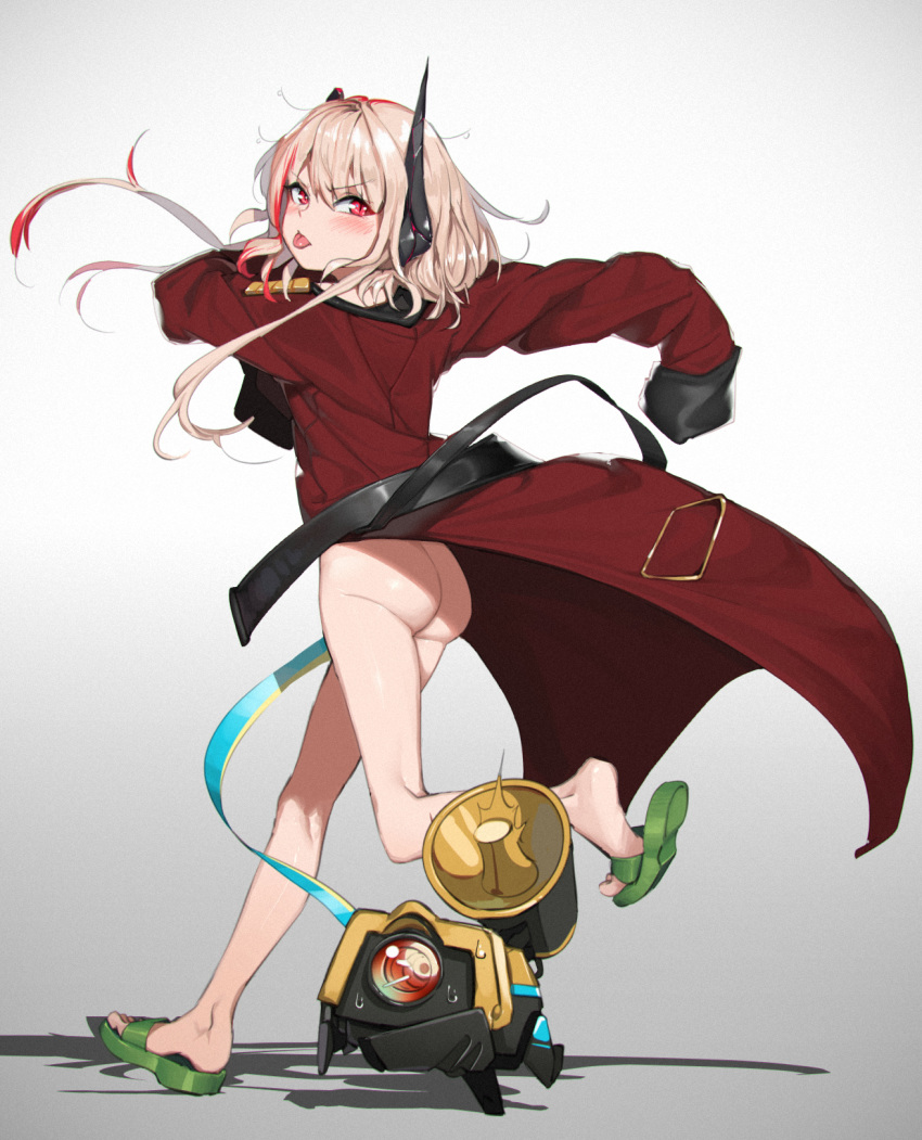 1girl ass bangs bare_legs blonde_hair blush bottomless coat commentary_request girls_frontline green_footwear grey_background headgear highres long_sleeves m4_sopmod_ii_(girls_frontline) megaphone messy_hair multicolored_hair ngs oversized_clothes partial_commentary pink_hair red_coat red_eyes red_hair ro635_(dinergate) running sandals sd_bigpie shadow short_hair_with_long_locks simple_background sleeves_past_fingers sleeves_past_wrists slippers streaked_hair sweat tongue tongue_out