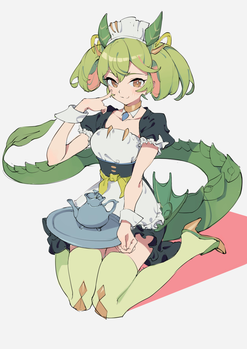 1girl 523_(user_efcm2455) absurdres brown_eyes dragon_girl dragon_tail dragonmaid_parla duel_monster finger_to_cheek green_hair highres holding holding_tray looking_at_viewer seiza sitting solo tail thighhighs tray yuu-gi-ou