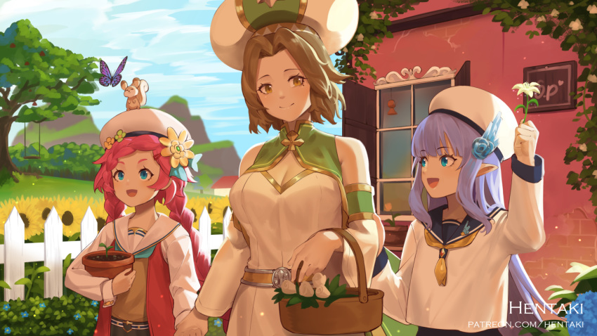 3girls :d animal arm_up artist_name bangs bare_shoulders basket beret black_sailor_collar black_skirt blue_eyes blue_flower blue_hair braid breasts brown_eyes brown_hair brown_skirt bug building butterfly character_request cleavage closed_mouth commentary day detached_sleeves dragalia_lost dress english_commentary eyebrows_visible_through_hair fence flower flower_pot green_flower hat hentaki holding holding_flower holding_hands hydrangea insect jacket long_hair long_sleeves medium_breasts multiple_girls neckerchief open_clothes open_jacket open_mouth outdoors parted_bangs pointy_ears red_hair red_jacket rose sailor_collar school_uniform serafuku shirt skirt smile sophie_(dragalia_lost) squirrel teruterubouzu twin_braids twintails very_long_hair watermark web_address white_dress white_flower white_headwear white_rose white_sailor_collar white_shirt white_sleeves wide_sleeves window yellow_flower yellow_neckwear