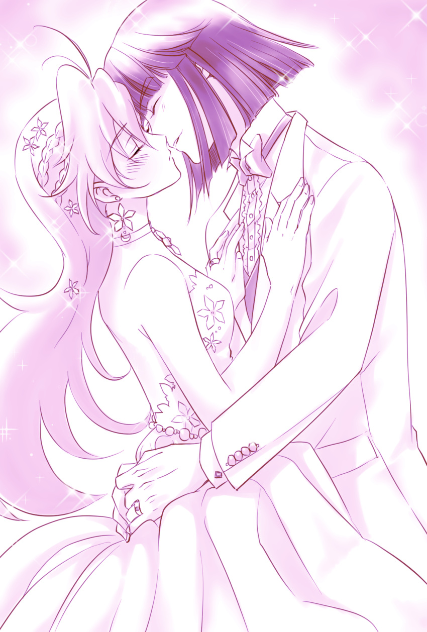 1boy 1girl antenna_hair arms_around_waist backless_dress backless_outfit bangs blush bow closed_eyes couple dress dress_shirt earrings eyebrows_visible_through_hair hair_between_eyes hetero highres imminent_kiss jacket jewelry limited_palette lina_inverse long_hair long_sleeves purple_hair satoashu shiny shiny_hair shirt silver_hair slayers sleeveless sleeveless_dress strapless strapless_dress very_long_hair white_bow white_dress white_jacket white_shirt xelloss