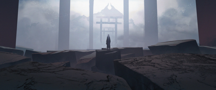 1girl absurdres asteroid_ill broken_ground fog from_behind highres iz_(asteroid_ill) long_hair mechanical_arm original outdoors ruins scenery solo standing torii very_long_hair very_wide_shot white_hair wide_shot