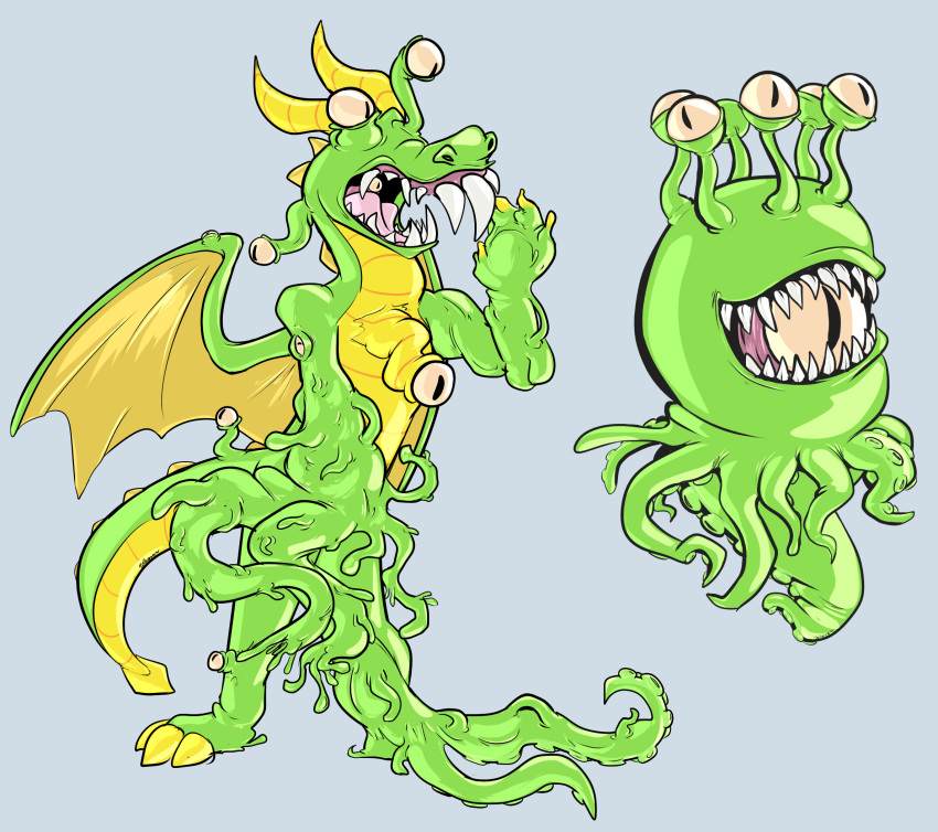 ambiguous_gender anthro beholder dragon eldritch_abomination eldritch_horror eyestalks green_body green_scales green_skin hi_res horn male mid_transformation monster mouth_eye multi_eye scales scalie sharp_teeth simple_background solo tallarra teeth tentacle_suckers tentacles transformation transformation_sequence