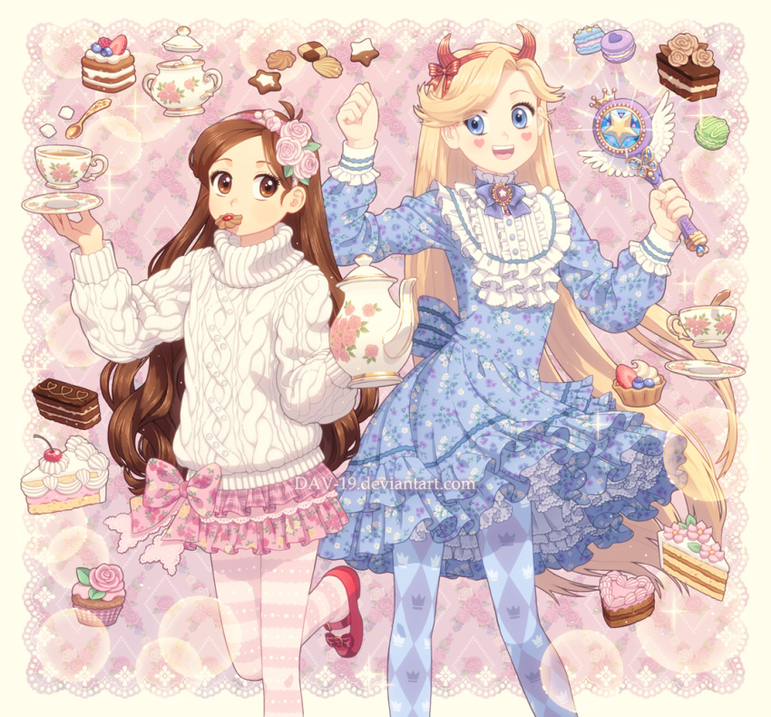 2girls :d aran_sweater back_bow blonde_hair blue_dress blue_eyes blue_legwear bow brown_eyes brown_hair cake cake_slice checkerboard_cookie cherry chocolate_cake cookie crossover crown_print cup cupcake dav-19 dessert diamond_(shape) dress english_commentary facial_mark feet_out_of_frame flat_chest floating floating_object floral_print flower food food_in_mouth frilled_dress frilled_sleeves frills fruit gravity_falls hair_flower hair_ornament hairband hands_up heart heart_cheeks holding holding_saucer horned_headwear horns layered_skirt legs_apart levitation lolita_fashion long_hair long_sleeves looking_at_viewer mabel_pines macaron mary_janes miniskirt mouth_hold multiple_girls open_mouth pantyhose petticoat pink_background pink_bow pink_flower pink_skirt plaid plaid_skirt plate print_bow print_dress print_skirt red_footwear saucer shoes skirt smile sparkle spoon star_(symbol) star_butterfly star_vs_the_forces_of_evil star_wand striped striped_legwear sugar_cube sweater sweet_lolita sweets tea tea_set teacup teapot turtleneck turtleneck_sweater very_long_hair wand watermark web_address white_sweater winged_wand