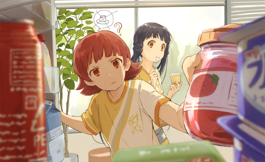 2girls :3 ? bangs black_hair blue_hair blunt_bangs blurry_foreground brown_eyes eating food foreshortening highres idolmaster idolmaster_million_live! in_container indoors jam kitakami_reika long_hair low_twintails marimo_(momiage) medium_hair multiple_girls plant potted_plant pudding red_eyes red_hair refrigerator refrigerator_interior spoon_in_mouth strawberry_jam thought_bubble twintails