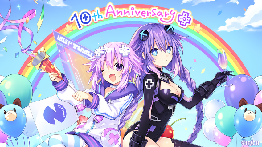 2girls blue_eyes bodysuit breasts cleavage dogoo drink gloves hyperdimension_neptunia long_hair neptune purple_eyes purple_hair purple_heart short_hair tsunako twintails waifu2x