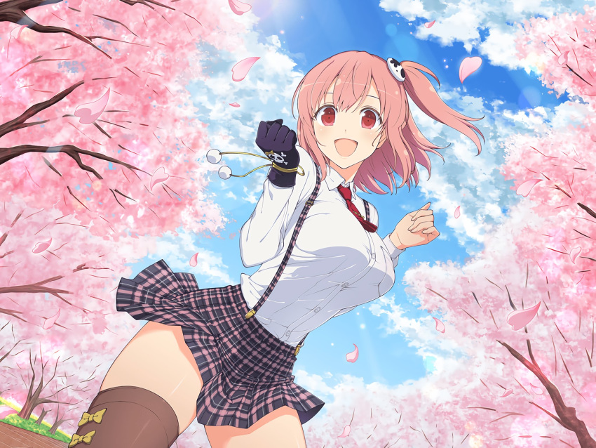 1girl breasts dead_or_alive dead_or_alive_5 dead_or_alive_xtreme flower gloves hair_ornament highres honoka_(doa) large_breasts official_art one_side_up pink_hair red_eyes senran_kagura senran_kagura_new_link skirt skull_hair_ornament sky smile suspender_skirt suspenders thighhighs upper_body yaegashi_nan