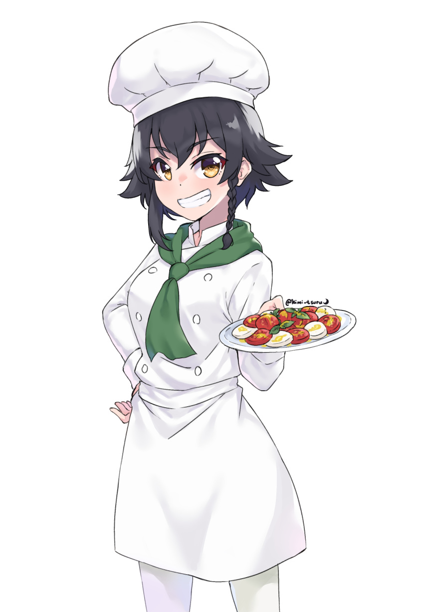 1girl absurdres anchovy_(girls_und_panzer) black_hair braid caprese_salad chef_hat chef_uniform girls_und_panzer grin hand_on_hip hat highres holding holding_plate kimi_tsuru orange_eyes plate short_hair smile solo white_background