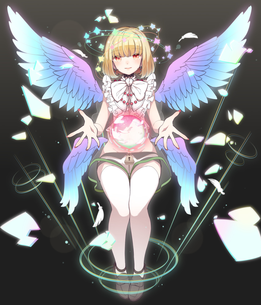 1boy bangs beatmania beatmania_iidx bemani black_background blonde_hair blunt_bangs commentary earrings eyes_visible_through_hair feathered_wings full_body highres jewelry kinakomoti light_smile lock looking_at_viewer male_focus medium_hair multicolored multicolored_wings multiple_wings otoko_no_ko outstretched_arms parted_lips rche_(beatmania) red_eyes red_nails short_shorts shorts simple_background sleeveless solo thighhighs white_legwear wings