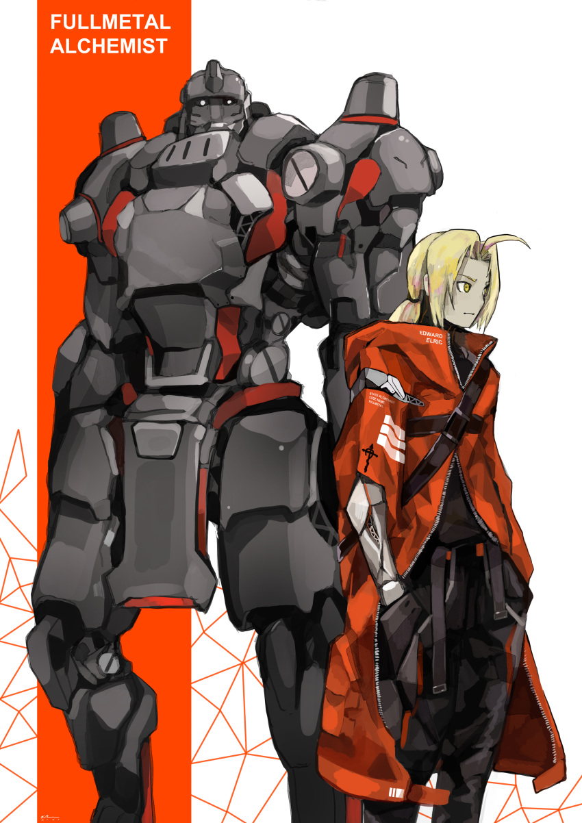 2boys absurdres ahoge alphonse_elric alternate_costume armor blonde_hair character_name closed_mouth coat copyright_name edward_elric english_text full_armor fullmetal_alchemist hands_in_pockets highres male_focus mechanical mechanical_arm medium_hair multiple_boys red_coat standing subakeye yellow_eyes zipper zipper_pull_tab