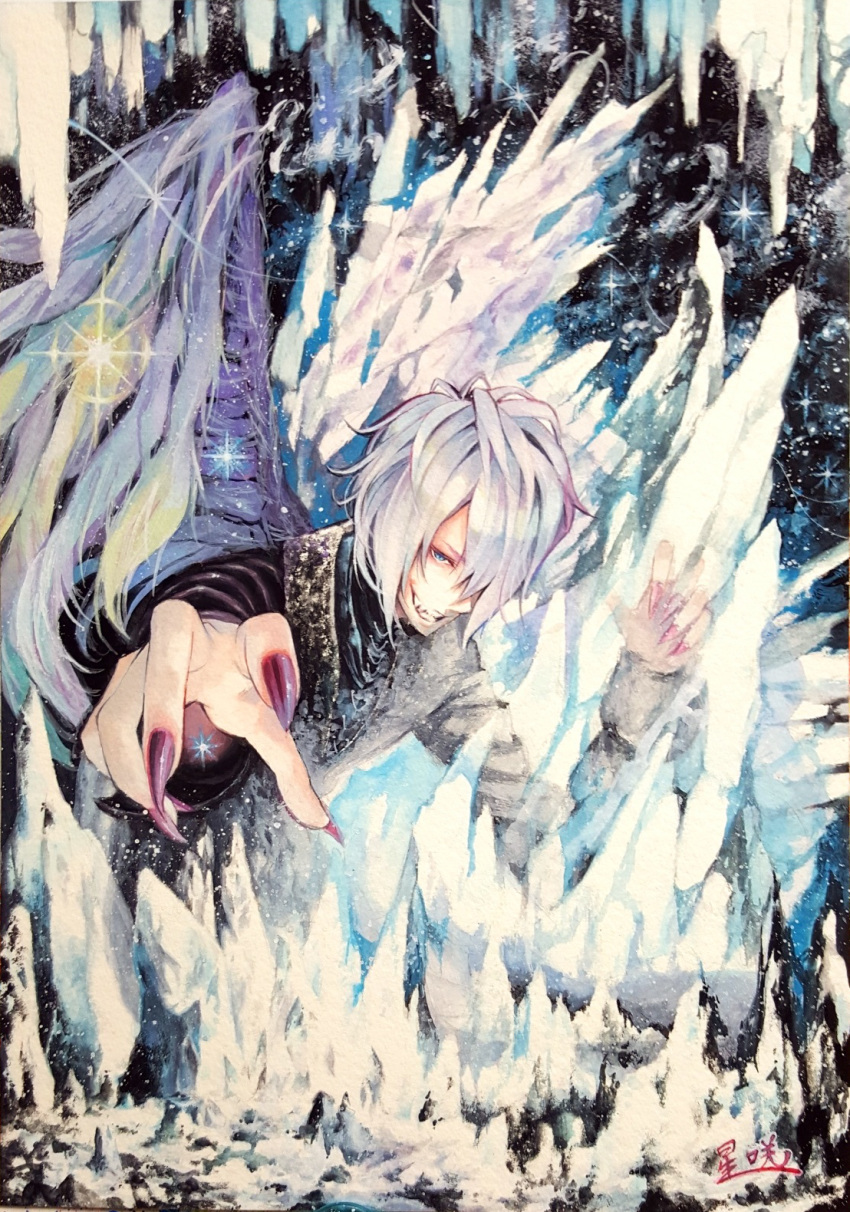 1boy blue_eyes demon_boy feathered_wings feathers fingernails frozen hair_over_one_eye highres hoshizaki_reita ice icicle long_fingernails looking_at_viewer male_focus original parted_lips purple_nails reaching_out sharp_fingernails signature silver_hair single_wing slit_pupils smile solo sparkle teeth traditional_media very_long_fingernails white_feathers wings