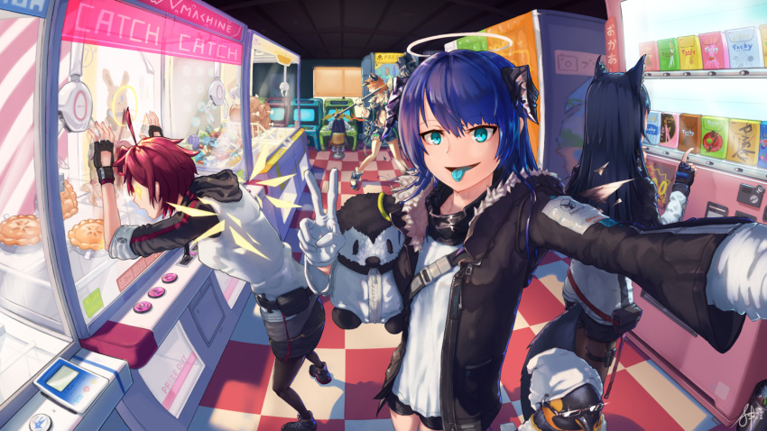 1boy 5girls animal_ears apple_pie arcade arcade_cabinet arknights bird boned_meat cow_horns croissant_(arknights) demon_horns emperor_penguin energy_wings exusiai_(arknights) fingerless_gloves food gloves halo highres horns juice_box meat mostima_(arknights) multiple_girls omglolimbored penguin penguin_logistics_(arknights) self_shot sora_(arknights) sunglasses texas_(arknights) the_emperor_(arknights) tongue tongue_out v vending_machine war_hammer weapon wolf_ears woollen_cap