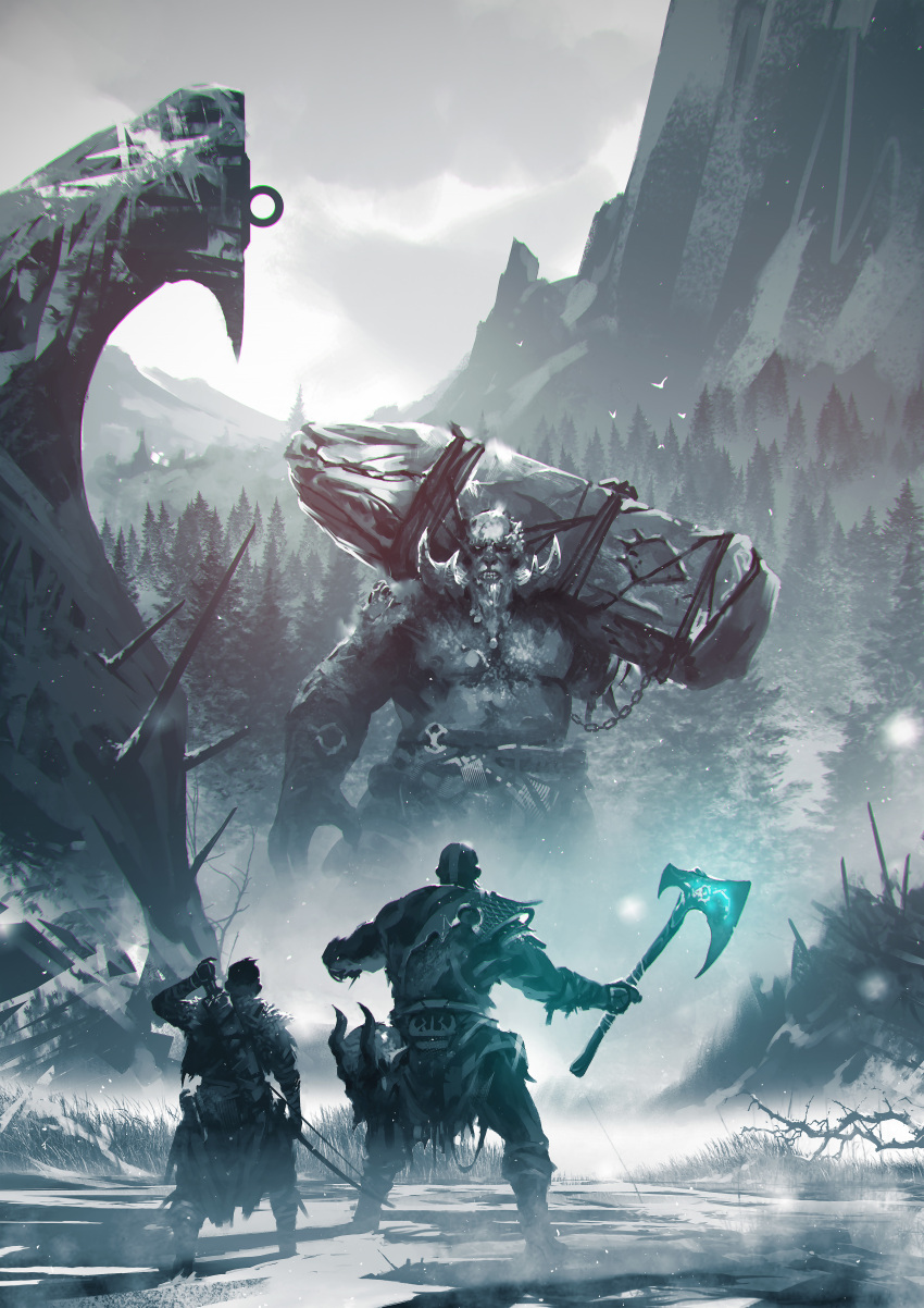 3boys absurdres arrow_(projectile) atreus axe bald beard bow_(weapon) commentary dismemberment english_commentary facial_hair forest from_behind giant god_of_war head highres holding holding_axe holding_weapon horns kalmahul kratos male_focus mountain multiple_boys nature outdoors quiver short_hair size_difference snow snowing standing stone topless_male tree troll weapon
