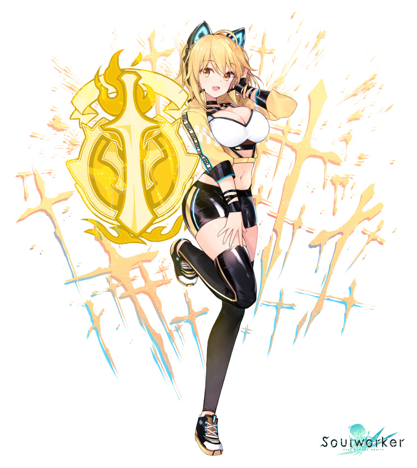 1girl :d ahoge animal_ears axent_wear black_choker black_legwear black_shorts blonde_hair breasts cat_ear_headphones cat_ears choker cleavage crop_top cropped_jacket fake_animal_ears full_body hand_on_own_thigh hand_up haru_estia headphones highleg highres jacket large_breasts latex latex_legwear latex_shorts leg_up long_sleeves looking_at_viewer medium_hair midriff navel official_art open_clothes open_jacket open_mouth orange_eyes shiny shiny_clothes shirt shoes short_shorts shorts skin_tight skindentation smile sneakers solo soul_worker standing standing_on_one_leg stomach strap takotsu thighhighs thighs undershirt white_shirt wristband yellow_jacket