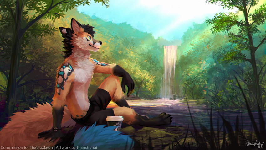 16:9 2020 4_fingers 4_toes anthro black_hair canid canine clothed clothing day detailed_background digital_media_(artwork) english_text fingers fox fur hair male mammal orange_body orange_fur outside sky solo text thanshuhai toes topless widescreen