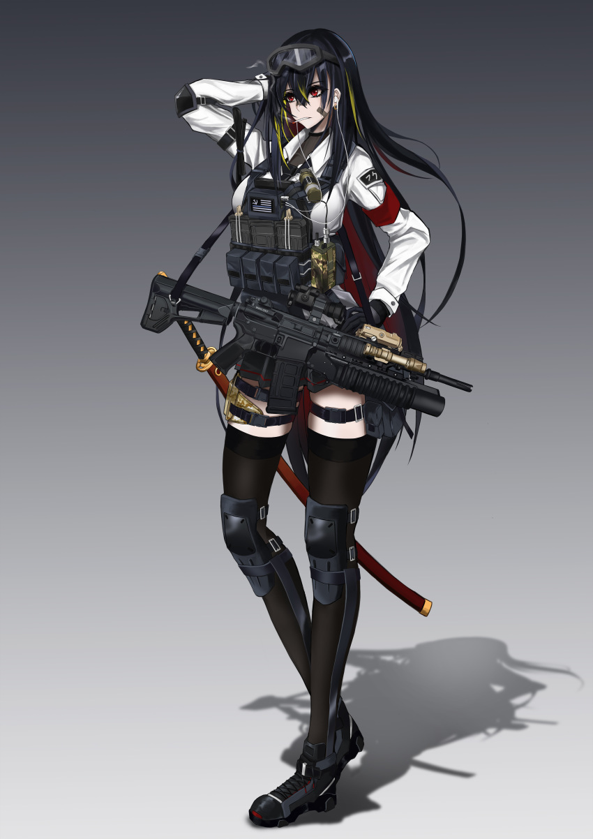 1girl absurdres assault_rifle bandaid black_gloves black_hair blonde_hair cigarette commentary_request earbuds earphones earrings elbow_pads explosive full_body gloves goggles goggles_on_head gradient gradient_background grenade grey_background gun hammer_and_sickle hand_on_own_head highres jewelry katana knee_pads load_bearing_vest lutjens-chan m4_carbine multicolored_hair original red_armband red_eyes rifle school_uniform shadow shoes smoke smoking sneakers solo streaked_hair sword thigh_strap thighhighs two-tone_hair weapon