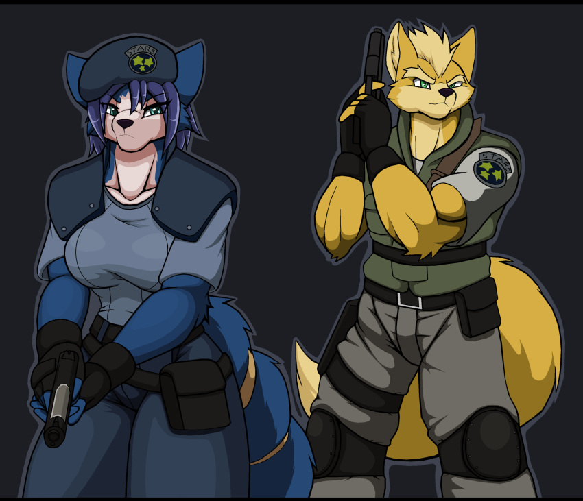 2020 anthro black_background black_bars blue_body blue_fur bottomwear breasts canid canine capcom chris_redfield clothing cosplay crossover crossover_cosplay droll3 duo female fingerless_gloves fox fox_mccloud fur gloves green_eyes gun handwear hat headgear headwear hi_res jill_valentine krystal letterbox male mammal nintendo pants ranged_weapon resident_evil simple_background star_fox video_games weapon