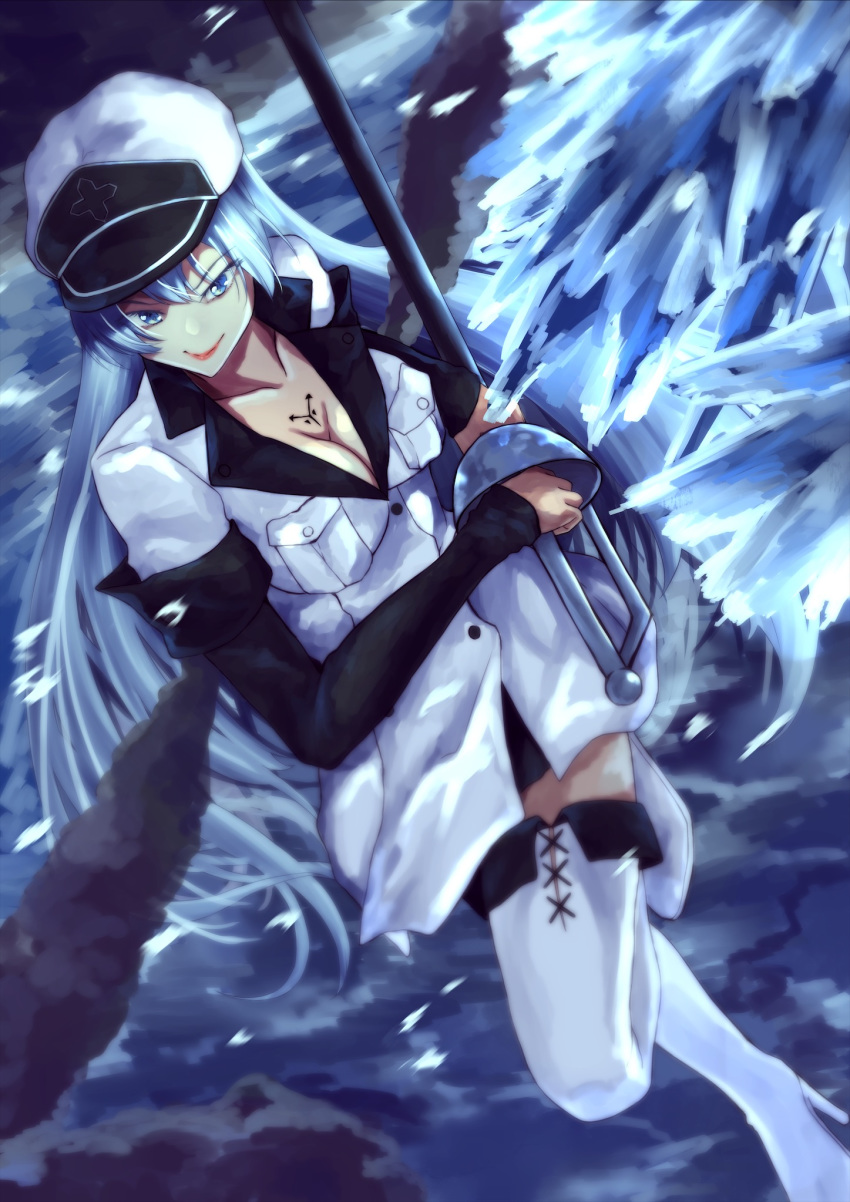 1girl akame_ga_kill! blue_eyes blue_hair boots breasts chest_tattoo cleavage esdeath eyebrows_visible_through_hair hair_between_eyes hat highres ice large_breasts long_hair military military_uniform peaked_cap rapier smile solo sword tattoo thigh_boots thighhighs uniform very_long_hair weapon