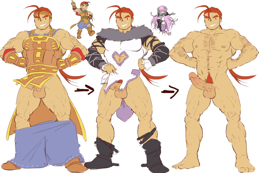 1boy abs bara blank_eyes chest chest_hair chibi completely_nude cosplay cosplay_request erection erection_under_clothes full_body golden_sun golden_sun:_dark_dawn hairy hands_on_hips headband highres leoleo_(golden_sun) long_hair male_focus male_pubic_hair muscle navel nipples nude orange_hair orange_pubic_hair pectorals penis piikeisandaa ponytail pubic_hair sketch thick_thighs thighs uncensored undressing