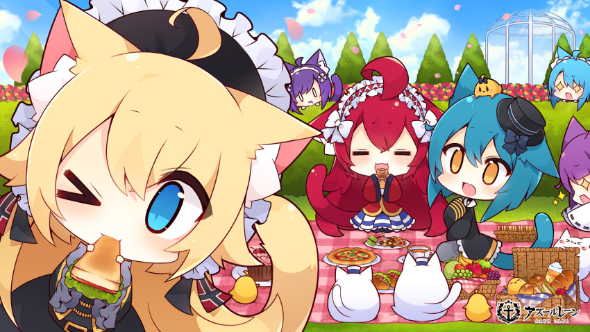 &gt;_o +_+ 6+girls animal_ear_fluff animal_ears antenna_(azur_lane) aqua_hair aqua_tail azur_lane bishamaru_(azur_lane) black_dress black_headwear black_jacket blonde_hair blue_eyes blue_hair cat_ears chibi cookie dress food frilled_hairband frills fruit hair_between_eyes hair_ornament hairband hedge_(plant) highres jacket justice_(azur_lane) long_hair macaron manjuu_(azur_lane) meowfficer_(azur_lane) multiple_girls muuran official_art one_eye_closed open_mouth oscar_(azur_lane) picnic picnic_basket pizza purple_eyes purple_hair red_hair red_tail sandwich steel_(azur_lane) tail takemaru_(azur_lane) very_long_hair wide_sleeves yellow_tail