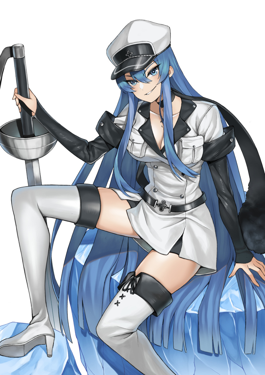 1girl absurdres akame_ga_kill! blue_eyes blue_hair boots breasts chest_tattoo choker cleavage esdeath eyebrows_visible_through_hair hair_between_eyes hat highres ice large_breasts long_hair military military_uniform nanni_jjang peaked_cap rapier smile solo sword tattoo thigh_boots thighhighs uniform very_long_hair weapon