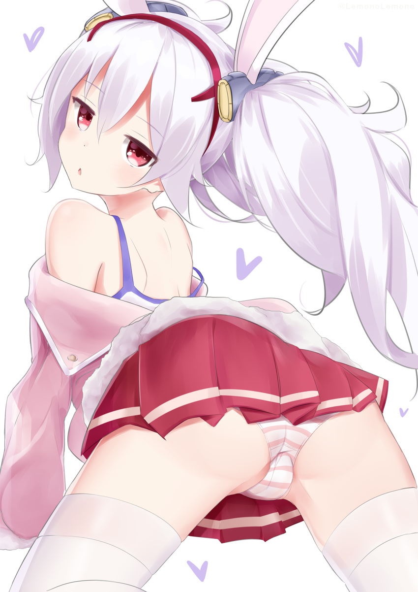 1girl animal_ears ass azur_lane bangs chestnut_mouth commentary_request expressionless eyebrows_visible_through_hair fake_animal_ears from_behind headband heart highres jacket jitome laffey_(azur_lane) lemonolemone light_purple_hair looking_at_viewer miniskirt off_shoulder panties partial_commentary pleated_skirt red_eyes red_skirt shoulder_blades sidelocks simple_background skirt solo striped striped_panties thighhighs twintails underwear white_background white_legwear