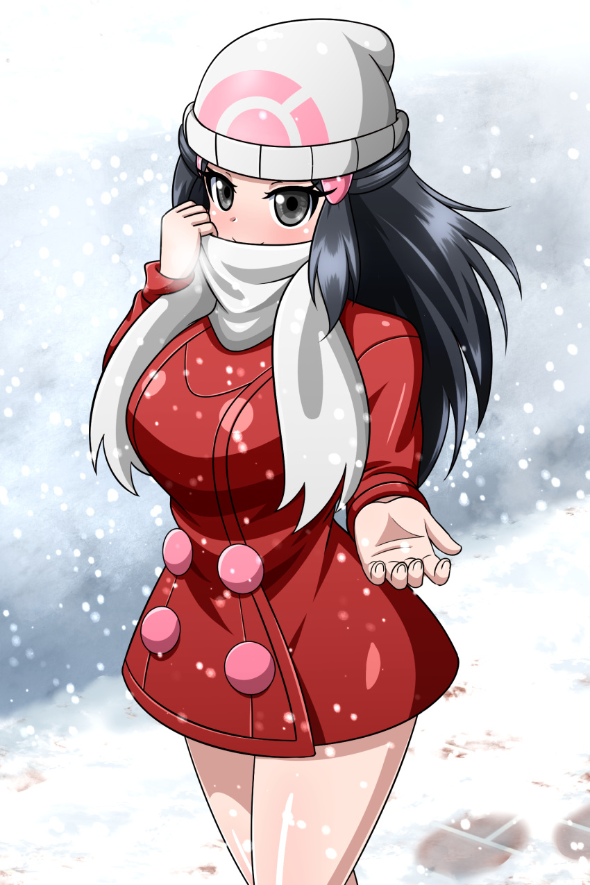 1girl absurdres beanie blue_eyes blue_hair blush breasts closed_mouth dawn_(pokemon) hair_ornament hat highres large_breasts long_hair looking_at_viewer pokemon pokemon_(game) pokemon_dppt scarf skirt smile solo winter_clothes yensh