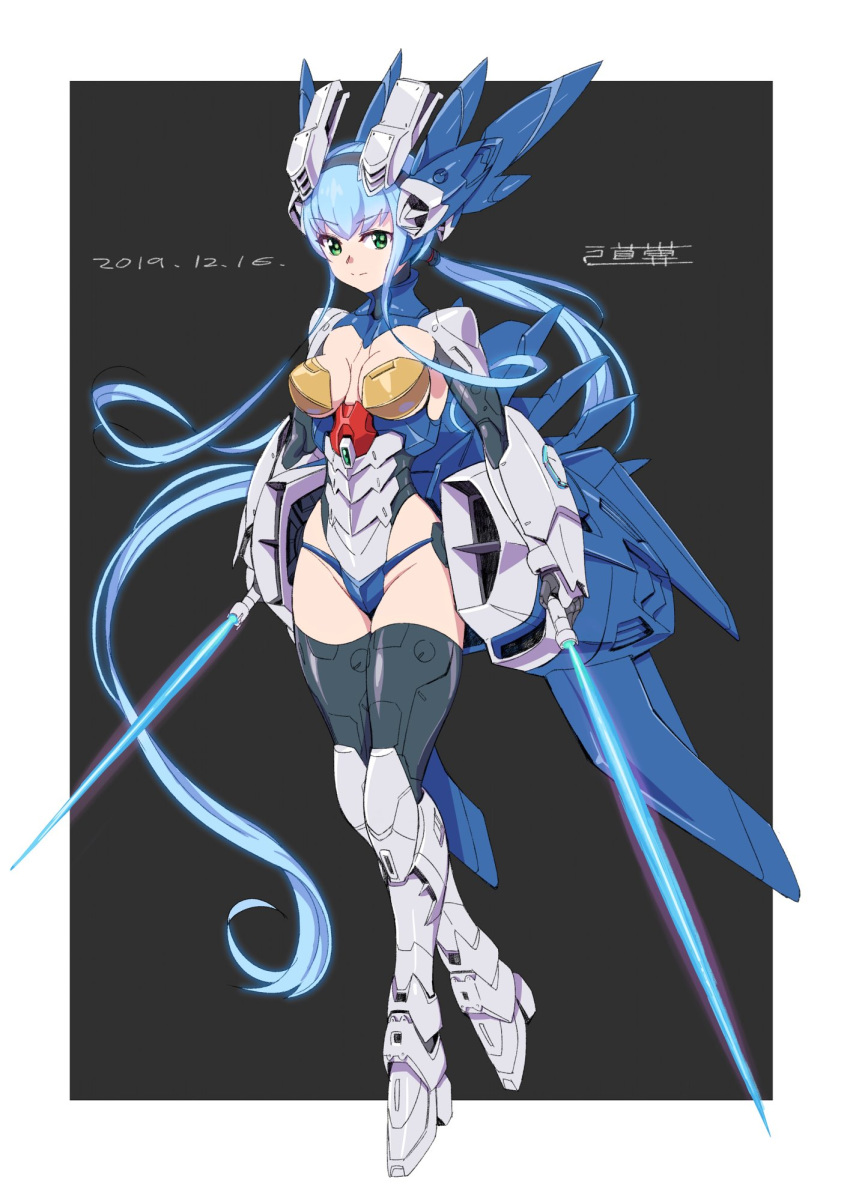 1girl armor artist_name bangs beam_saber blue_hair breasts cleavage dated dual_wielding energy_sword eyebrows_visible_through_hair full_body g-saviour_gundam green_eyes gundam gundam_g-saviour highres holding large_breasts long_hair looking_at_viewer low_ponytail mecha_musume michi_kuso shiny shiny_hair sidelocks solo standing sword very_long_hair weapon